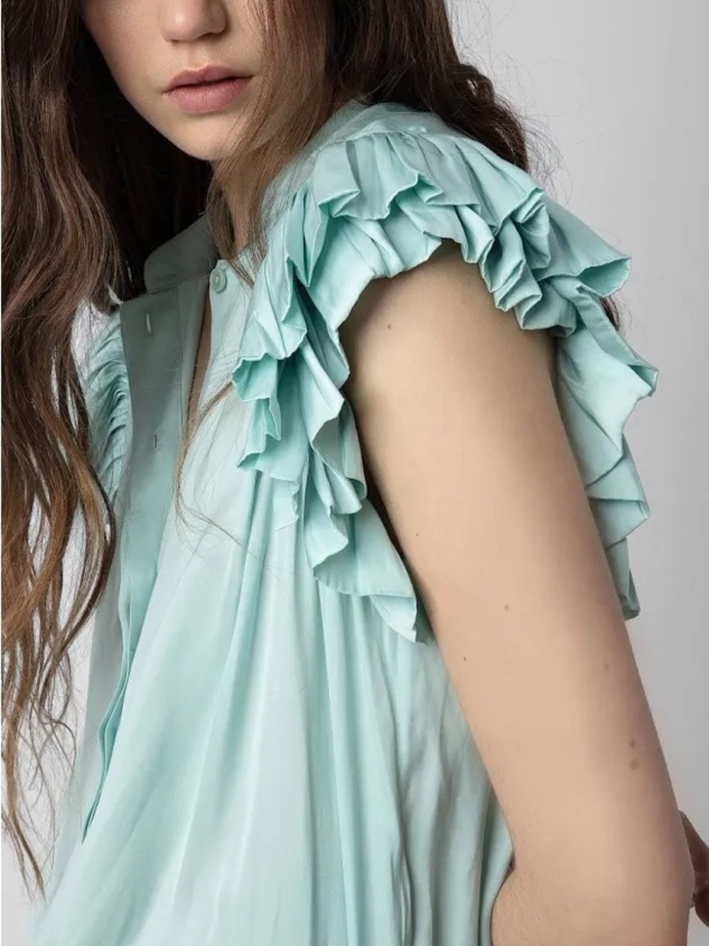 ✨ Zadig & Voltaire Tiza Satin Ruffle Blouse Top L Mint Celadon